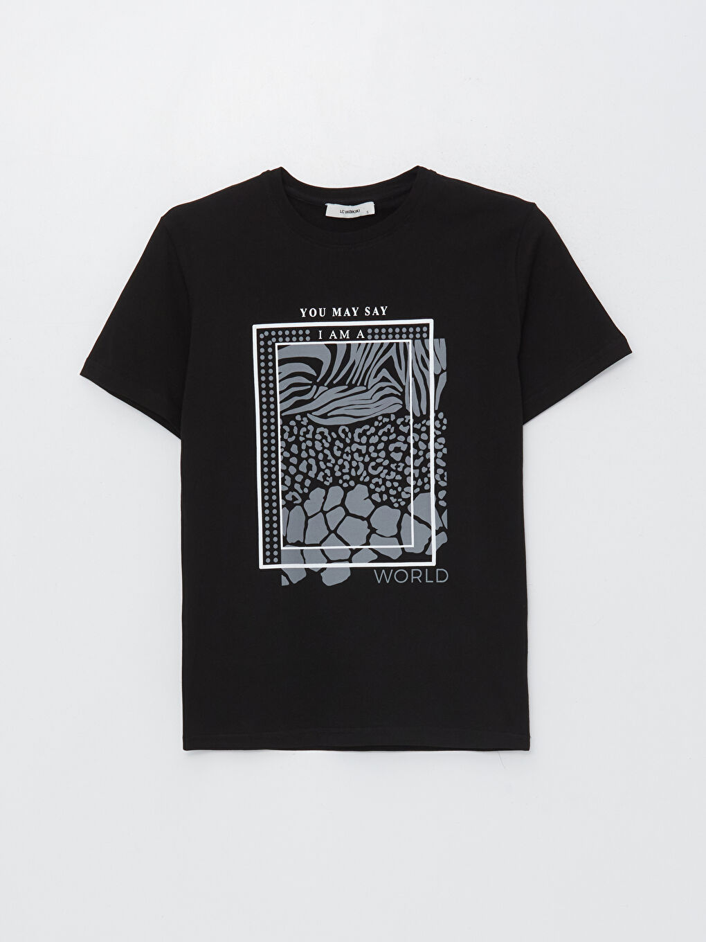 Siyah Bisiklet Yaka Baskılı Kısa Kollu Kadın Tişört-10