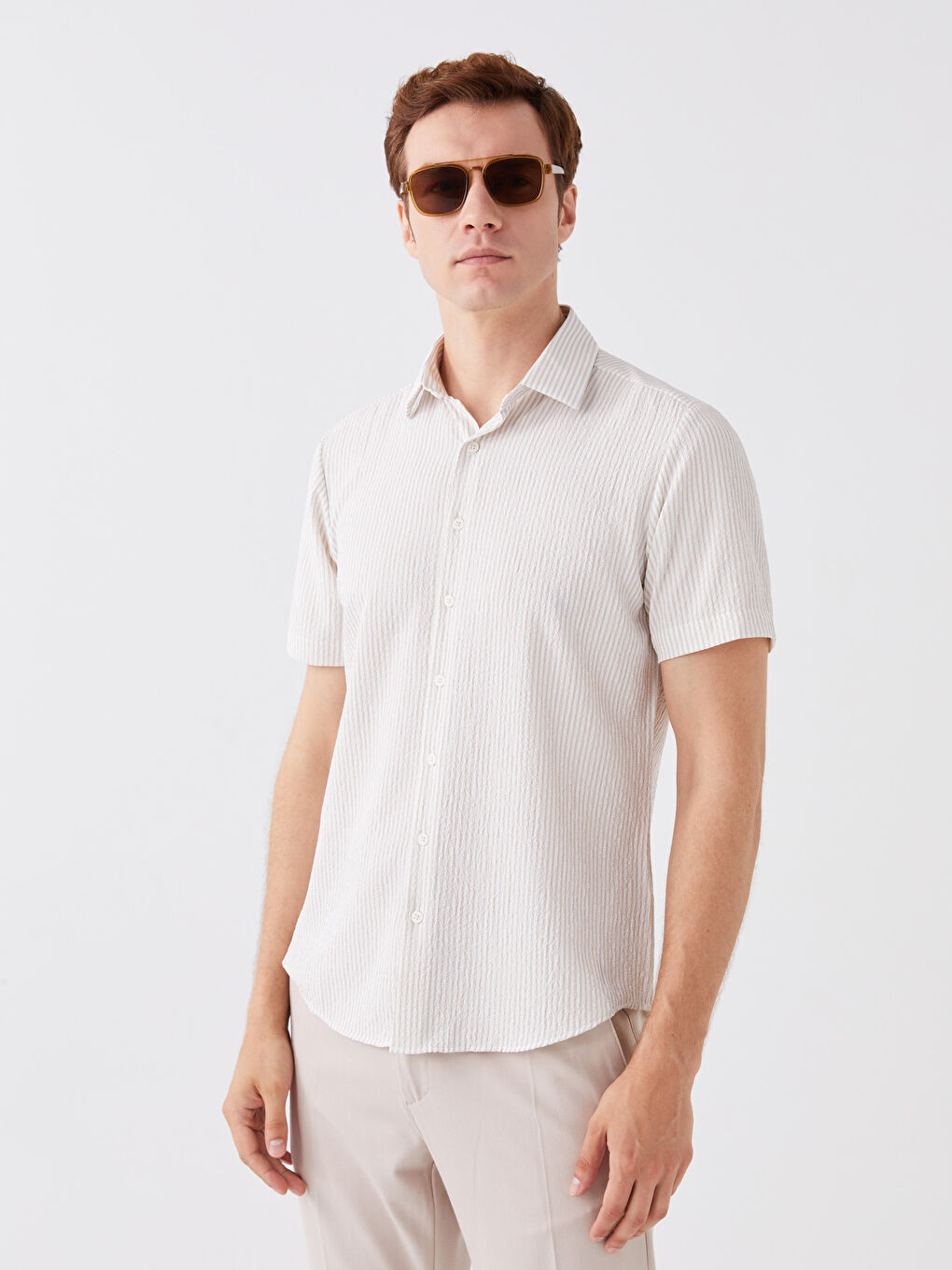 Bej Regular Fit Kısa Kollu Çizgili Erkek Gömlek-1