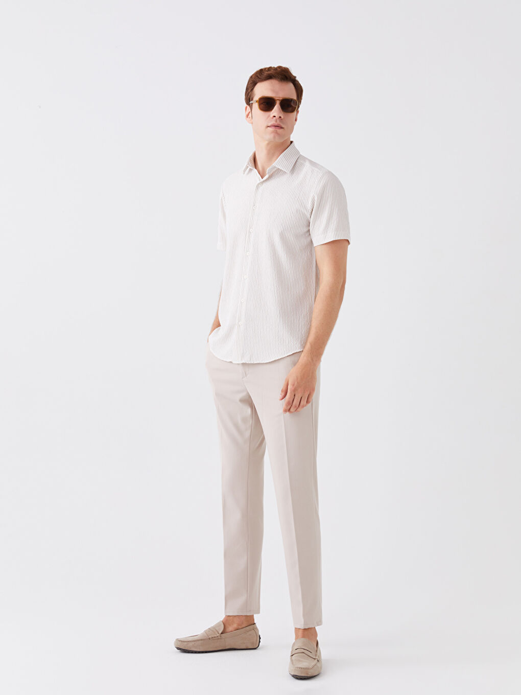 Bej Regular Fit Kısa Kollu Çizgili Erkek Gömlek-2