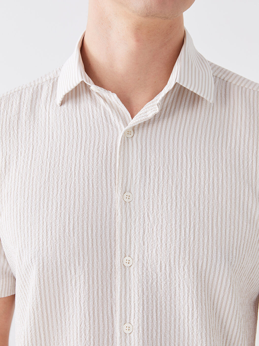 Bej Regular Fit Kısa Kollu Çizgili Erkek Gömlek-3