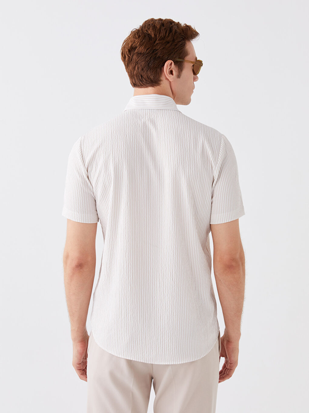 Bej Regular Fit Kısa Kollu Çizgili Erkek Gömlek-4