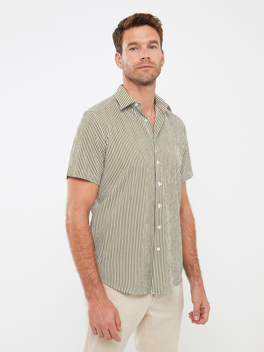 Yeşil Regular Fit Kısa Kollu Çizgili Erkek Gömlek-1