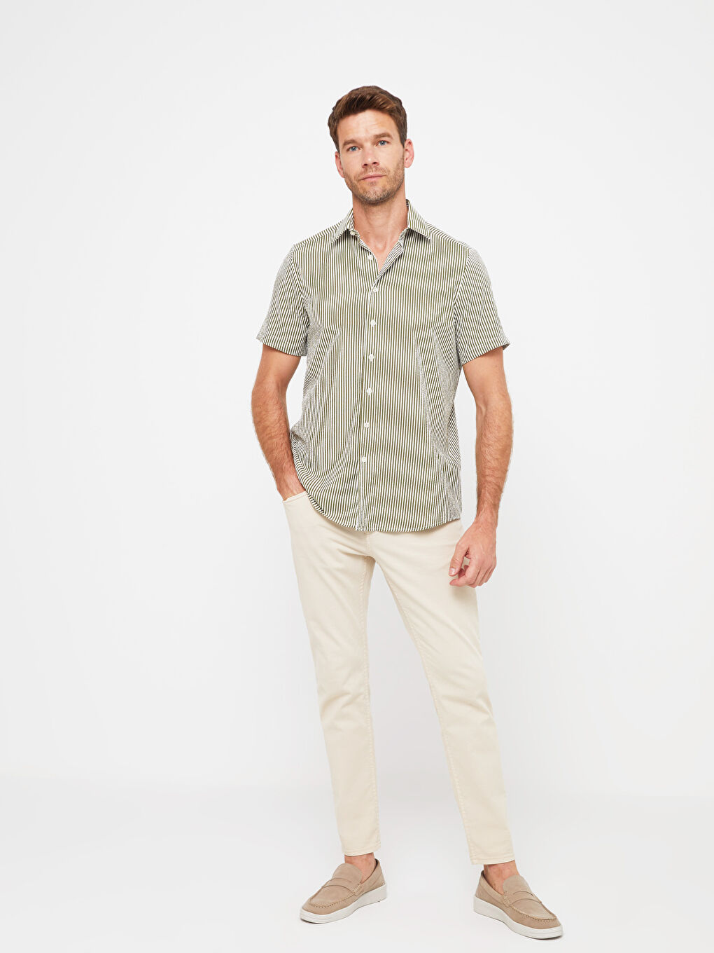 Yeşil Regular Fit Kısa Kollu Çizgili Erkek Gömlek-2