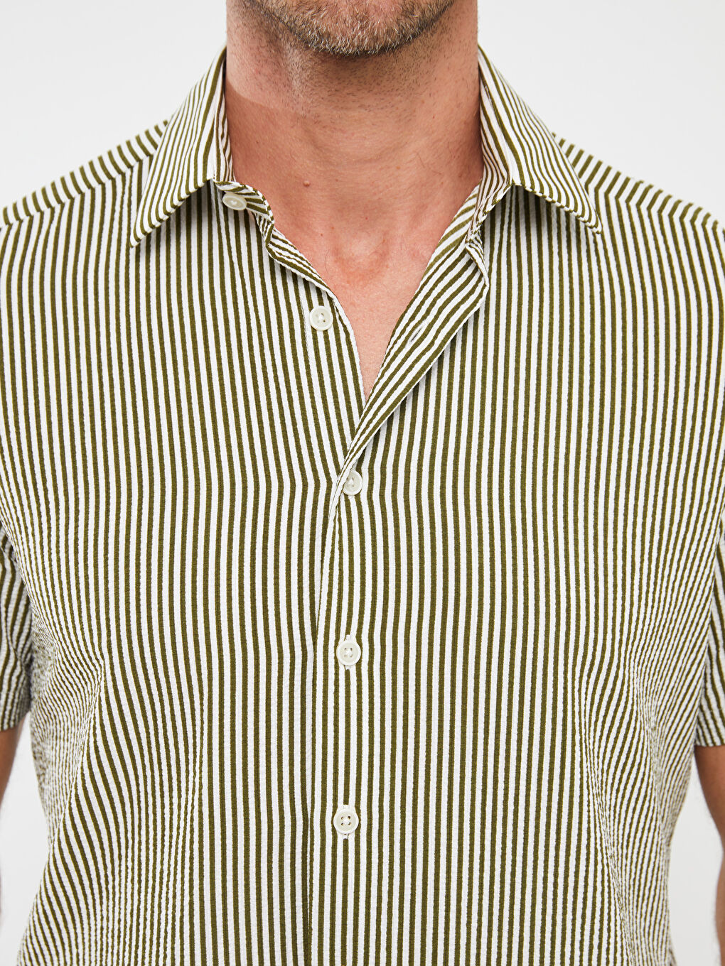 Yeşil Regular Fit Kısa Kollu Çizgili Erkek Gömlek-3