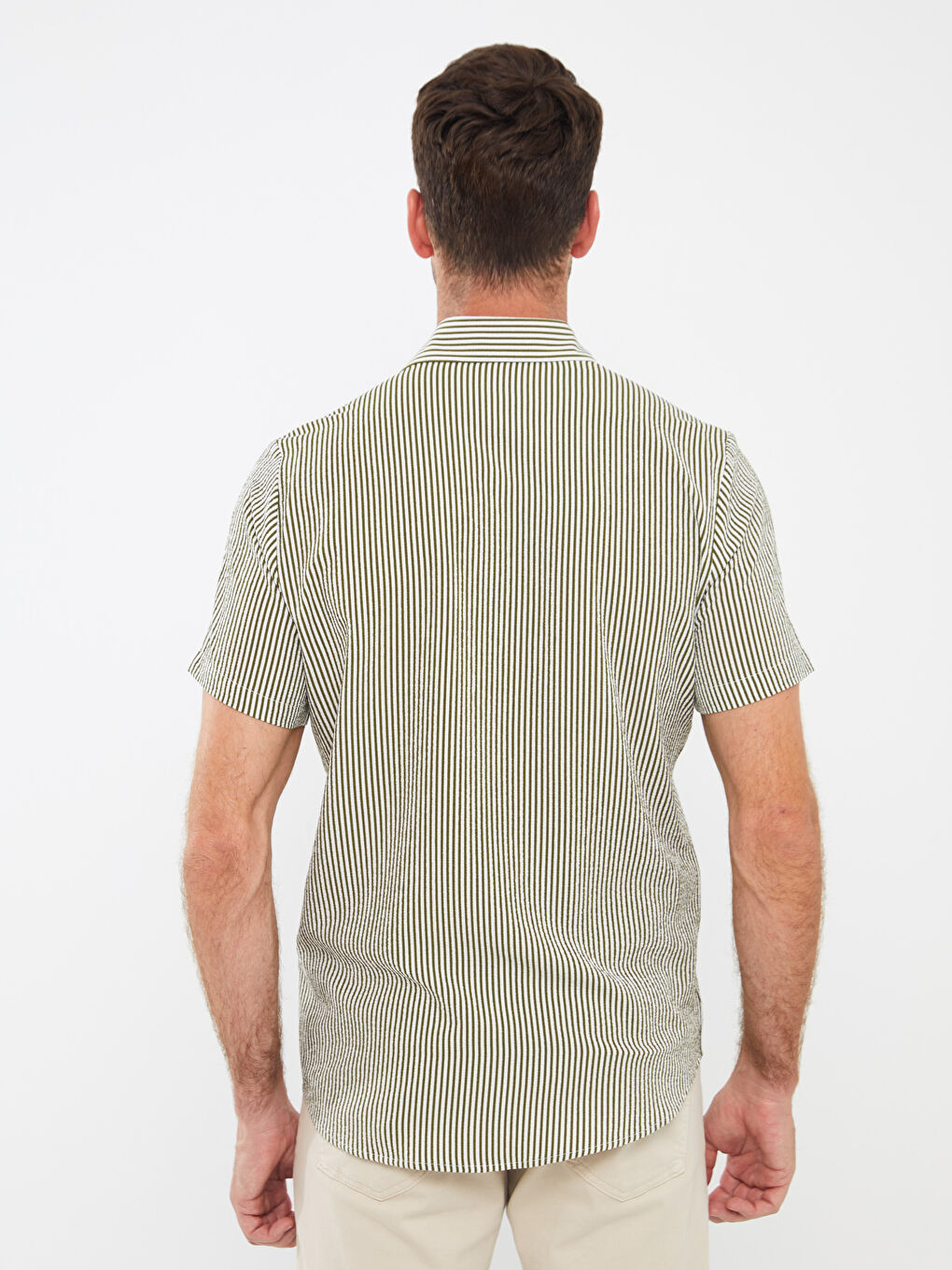 Yeşil Regular Fit Kısa Kollu Çizgili Erkek Gömlek-4