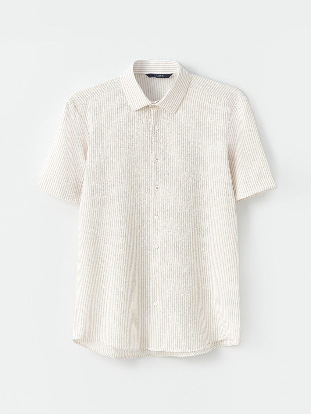 Bej Regular Fit Kısa Kollu Çizgili Erkek Gömlek-5