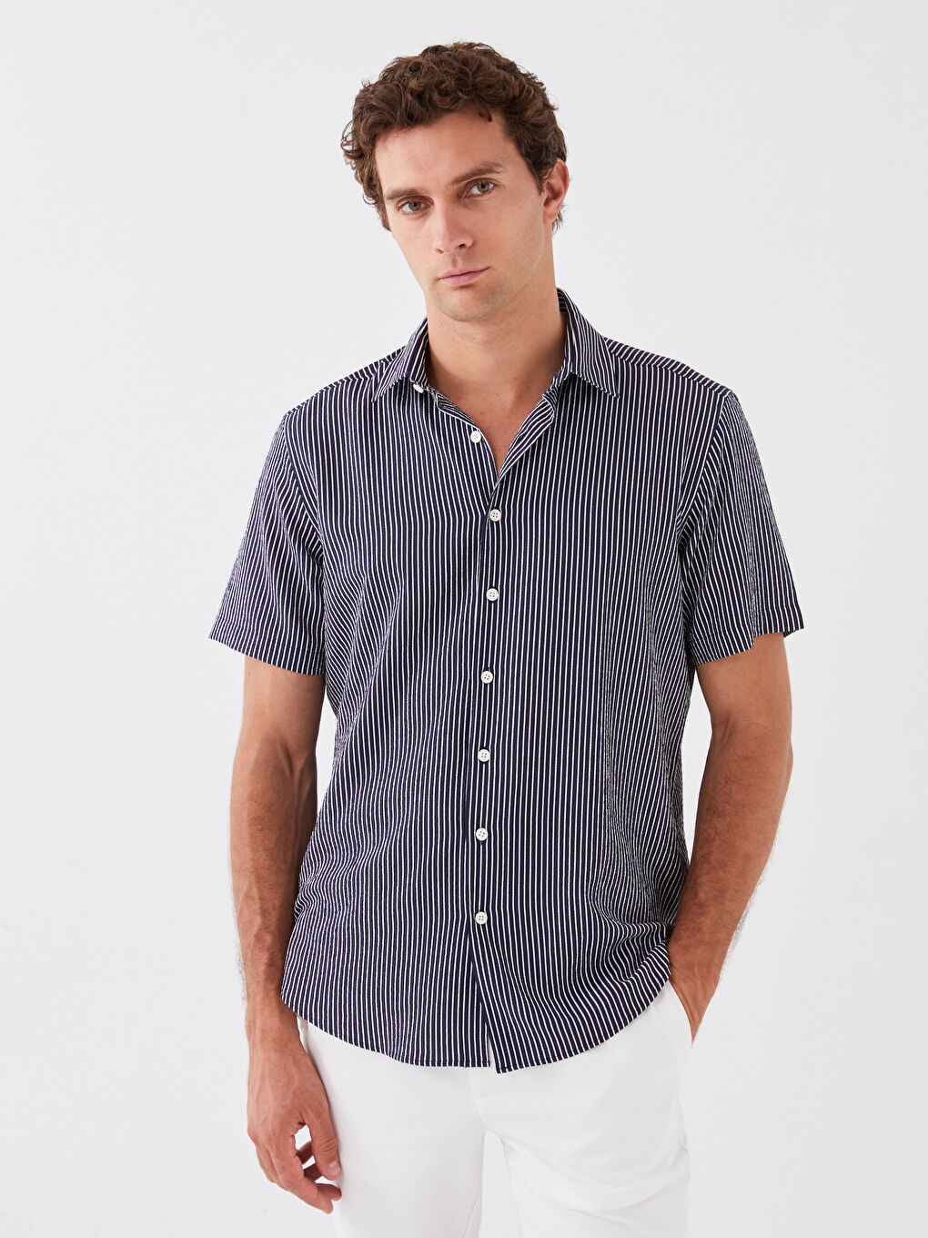 Beyaz Regular Fit Kısa Kollu Çizgili Erkek Gömlek