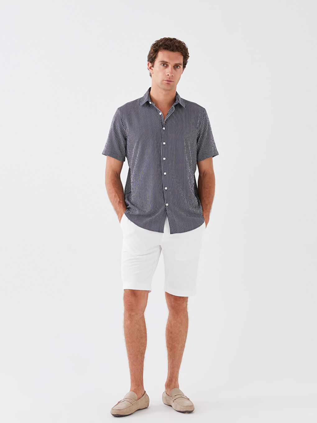 Beyaz Regular Fit Kısa Kollu Çizgili Erkek Gömlek-2
