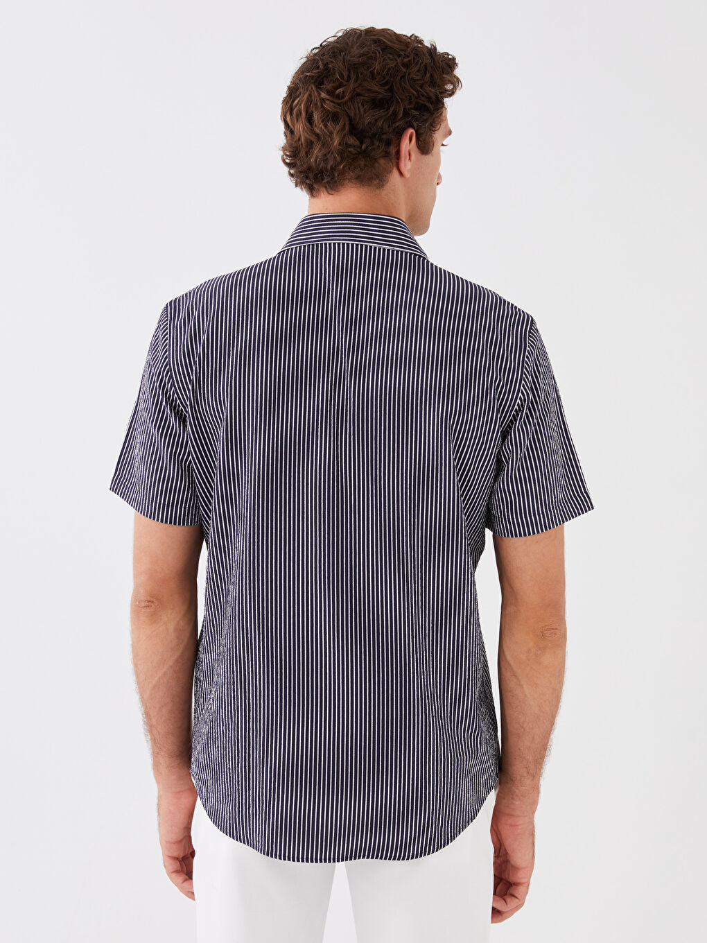 Beyaz Regular Fit Kısa Kollu Çizgili Erkek Gömlek-4