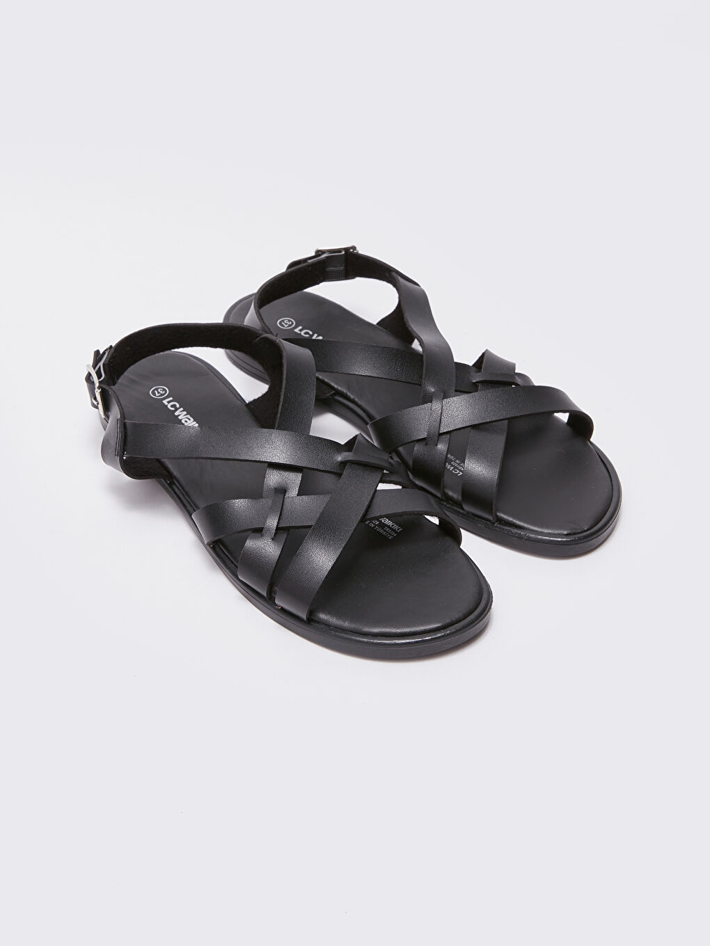 Siyah Çapraz Bantlı Deri Görünümlü Kadın Sandalet