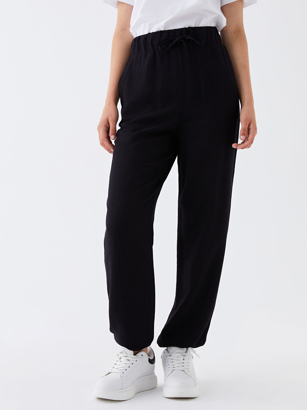 Elastic Waist Plain Linen Blend Women's Jogger Pants-3