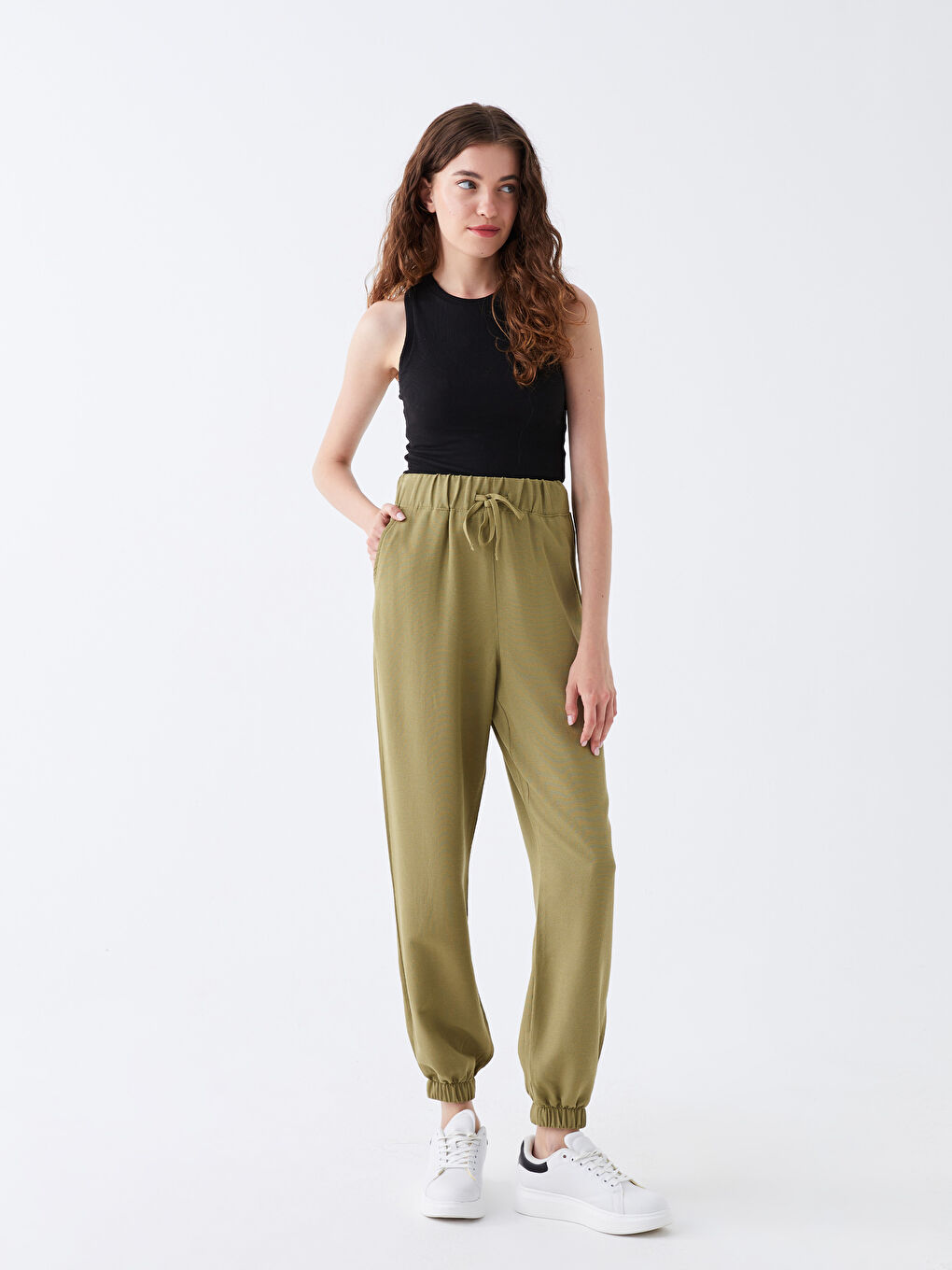 Haki Beli Lastikli Düz Keten Karışımlı Kadın Jogger Pantolon-1