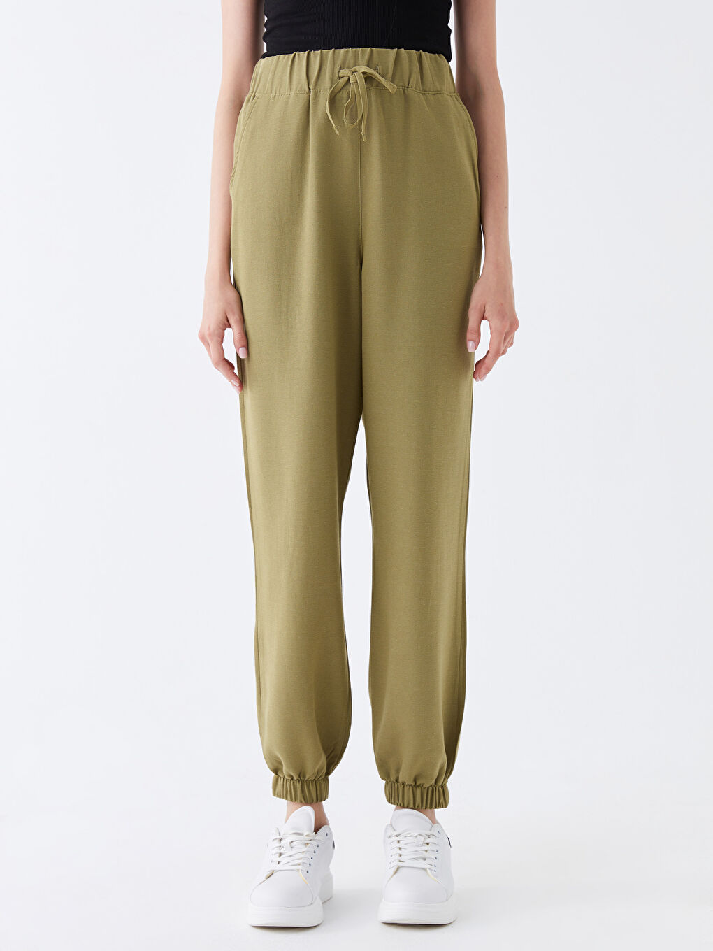 Haki Beli Lastikli Düz Keten Karışımlı Kadın Jogger Pantolon-3