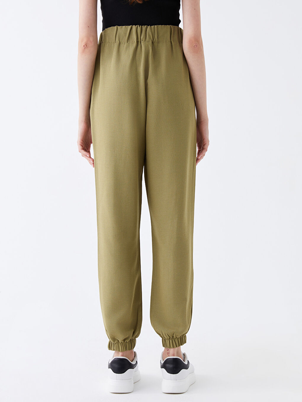 Haki Beli Lastikli Düz Keten Karışımlı Kadın Jogger Pantolon-4