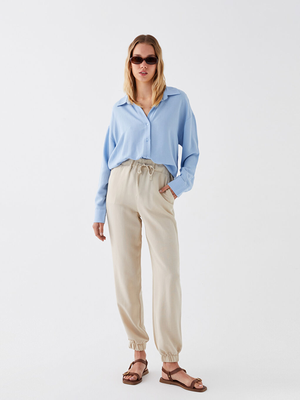 Elastic Waist Plain Linen Blend Women's Jogger Pants