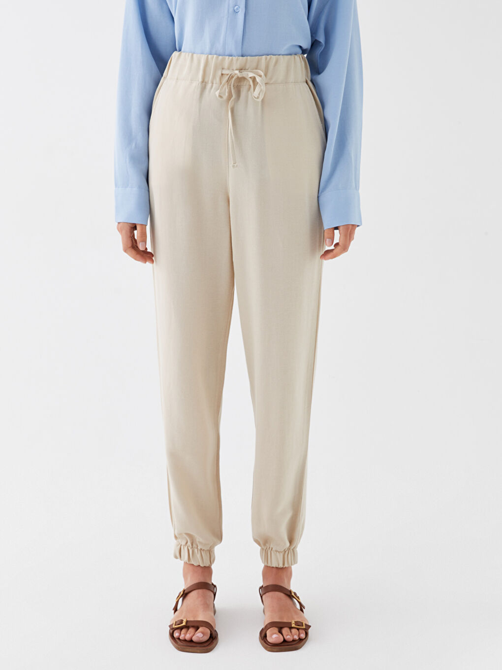 Elastic Waist Plain Linen Blend Women's Jogger Pants-1