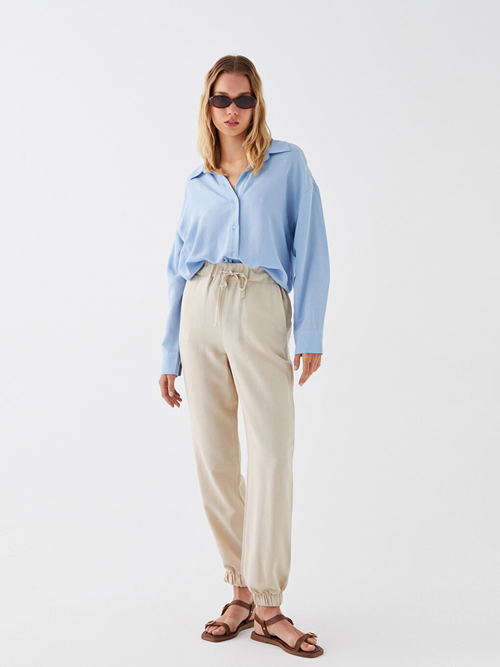 Elastic Waist Plain Linen Blend Women's Jogger Pants-2