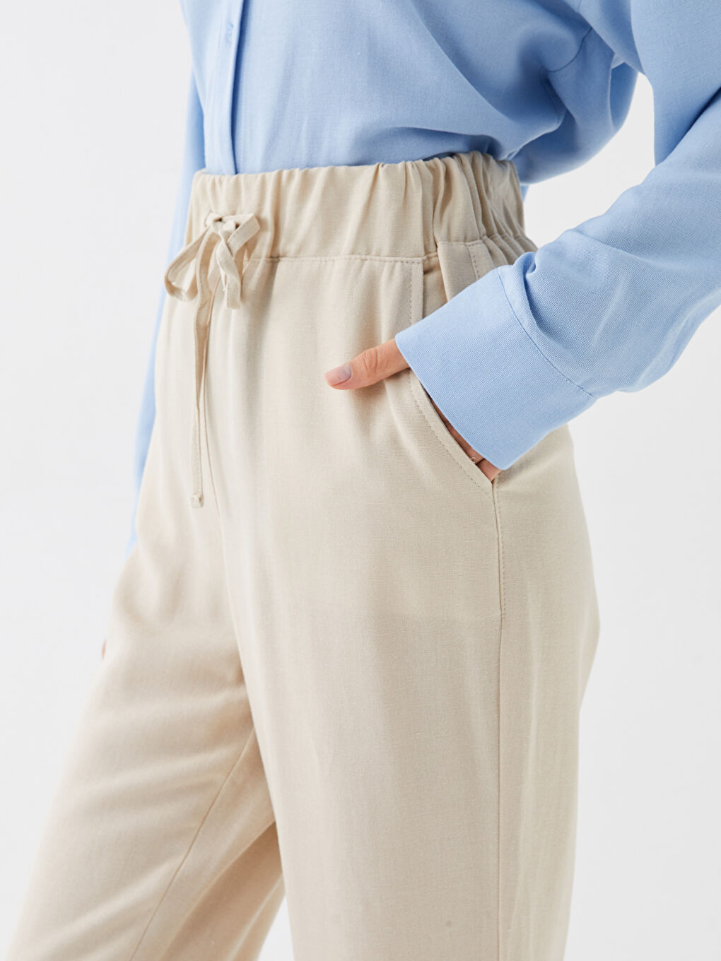 Elastic Waist Plain Linen Blend Women's Jogger Pants-3