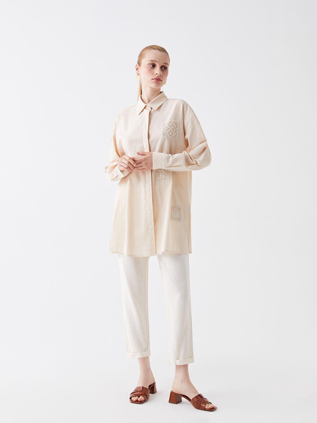 Bej Nakışlı Uzun Kollu Oversize Kadın Gömlek Tunik-1