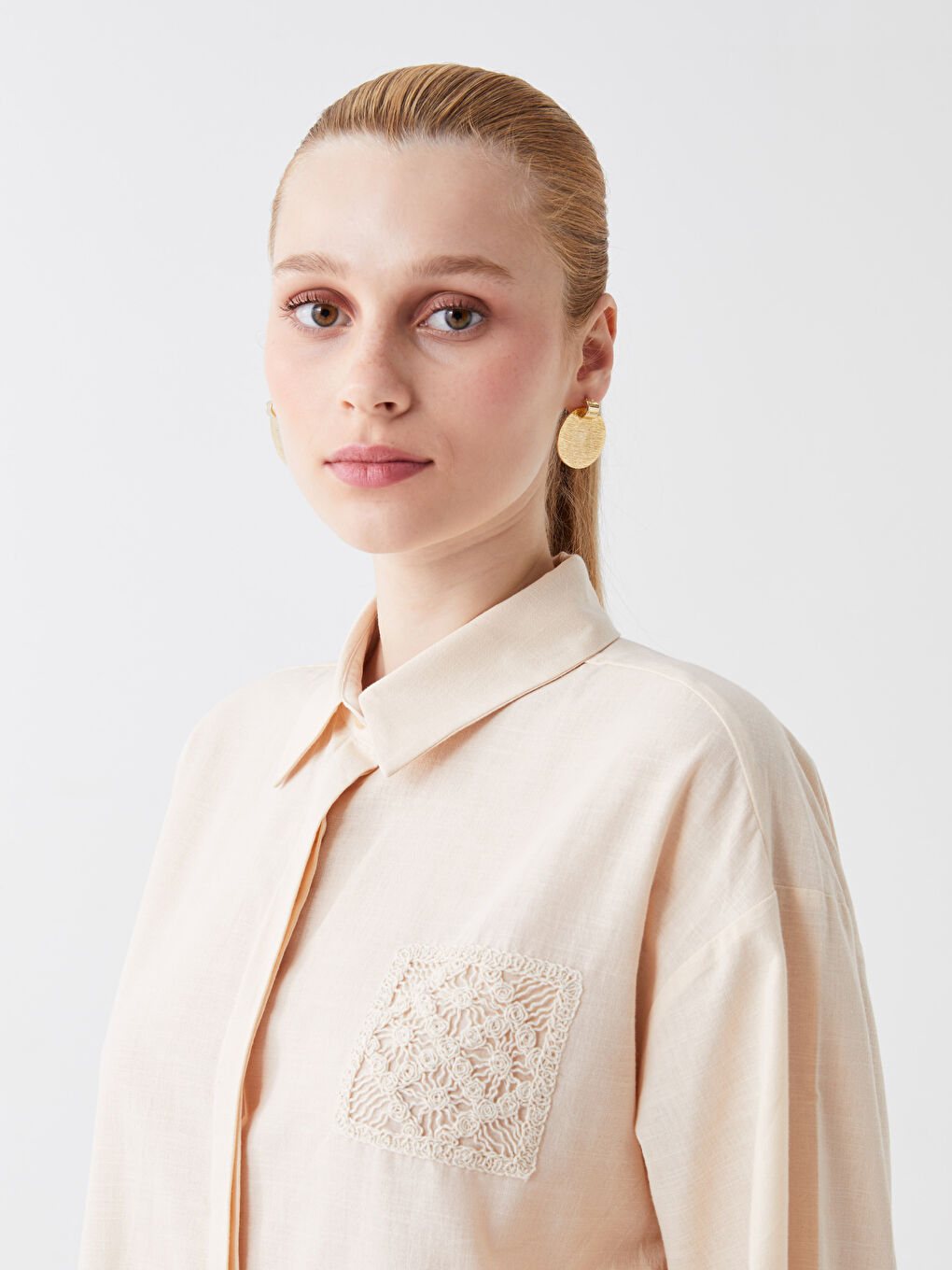 Bej Nakışlı Uzun Kollu Oversize Kadın Gömlek Tunik-2