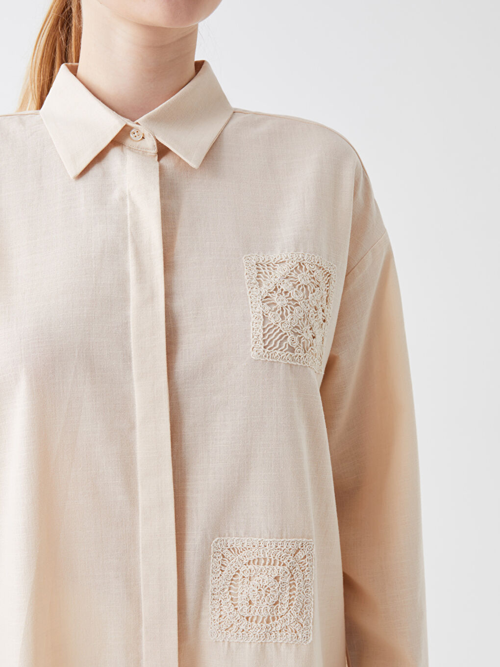 Bej Nakışlı Uzun Kollu Oversize Kadın Gömlek Tunik-3