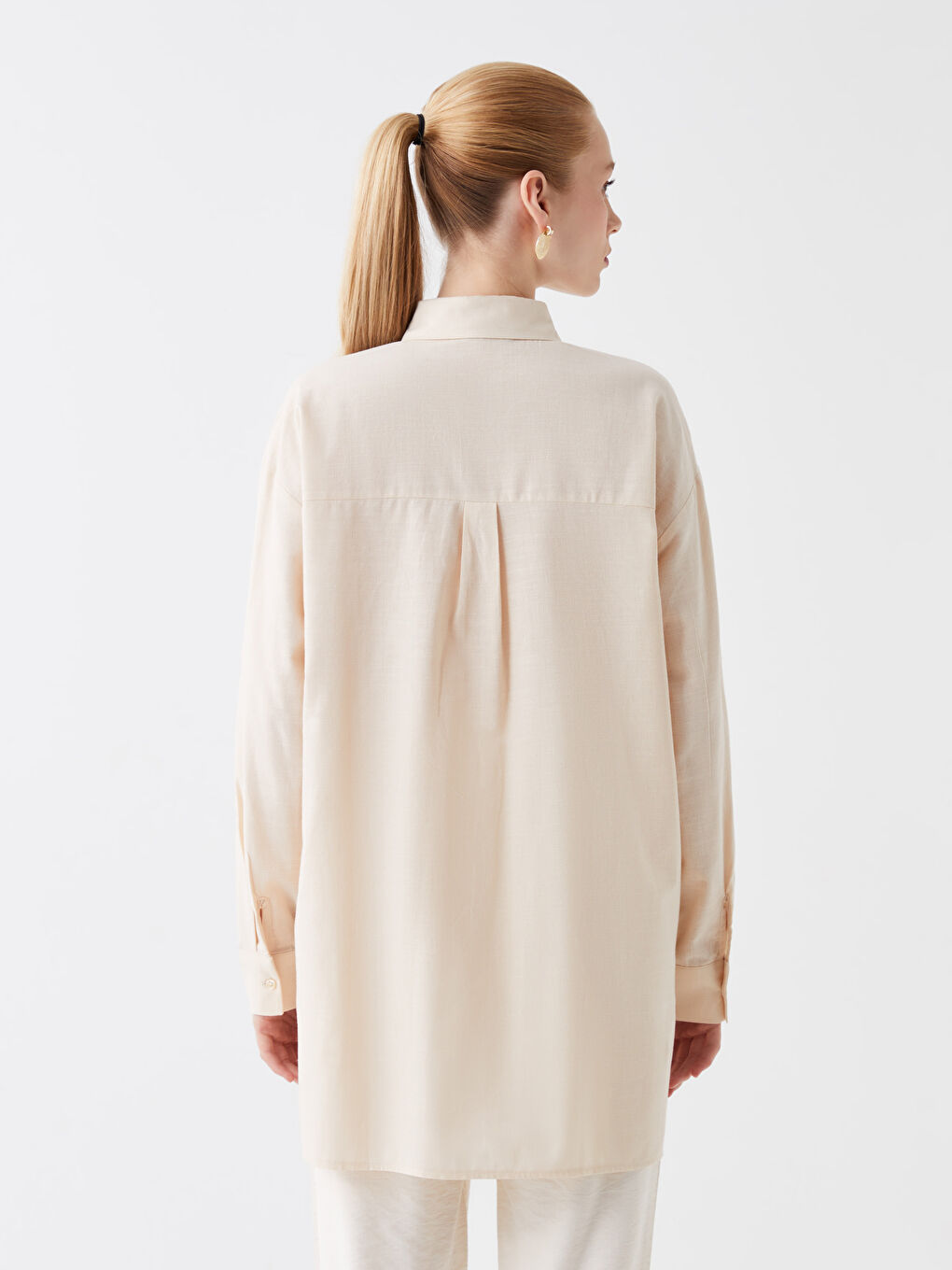 Bej Nakışlı Uzun Kollu Oversize Kadın Gömlek Tunik-4