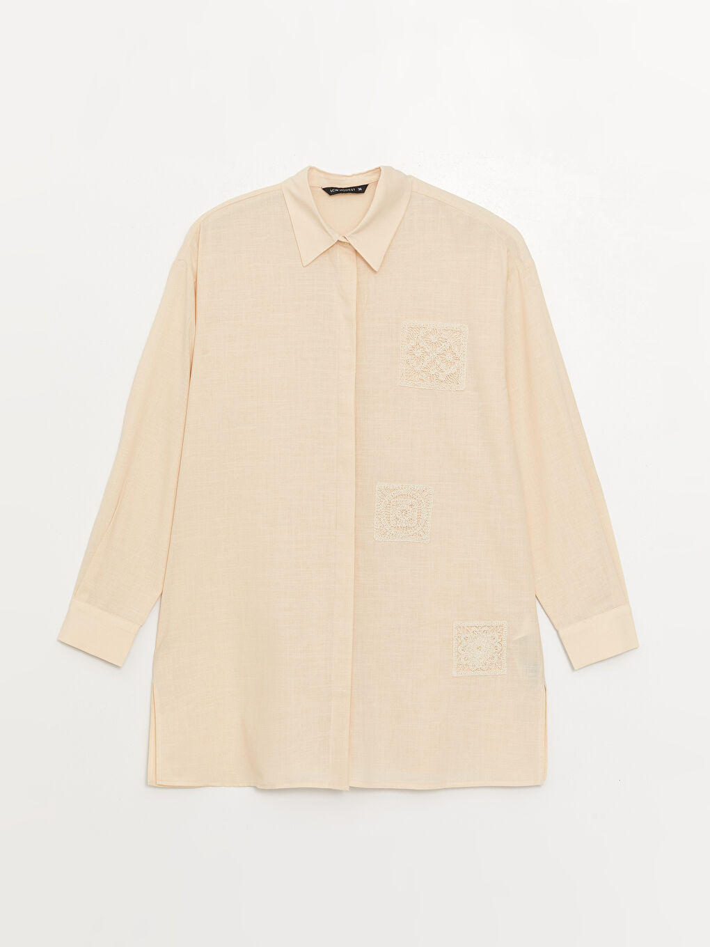 Bej Nakışlı Uzun Kollu Oversize Kadın Gömlek Tunik-5