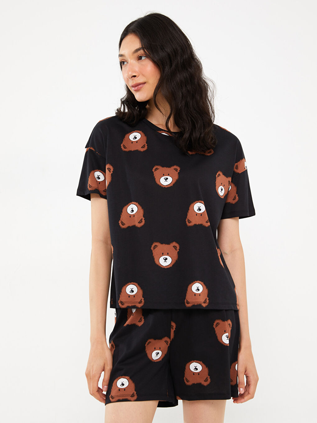 Crew Neck Printed Short Sleeve Women's Short Pajamas Set -S3KD87Z8-LQJ
