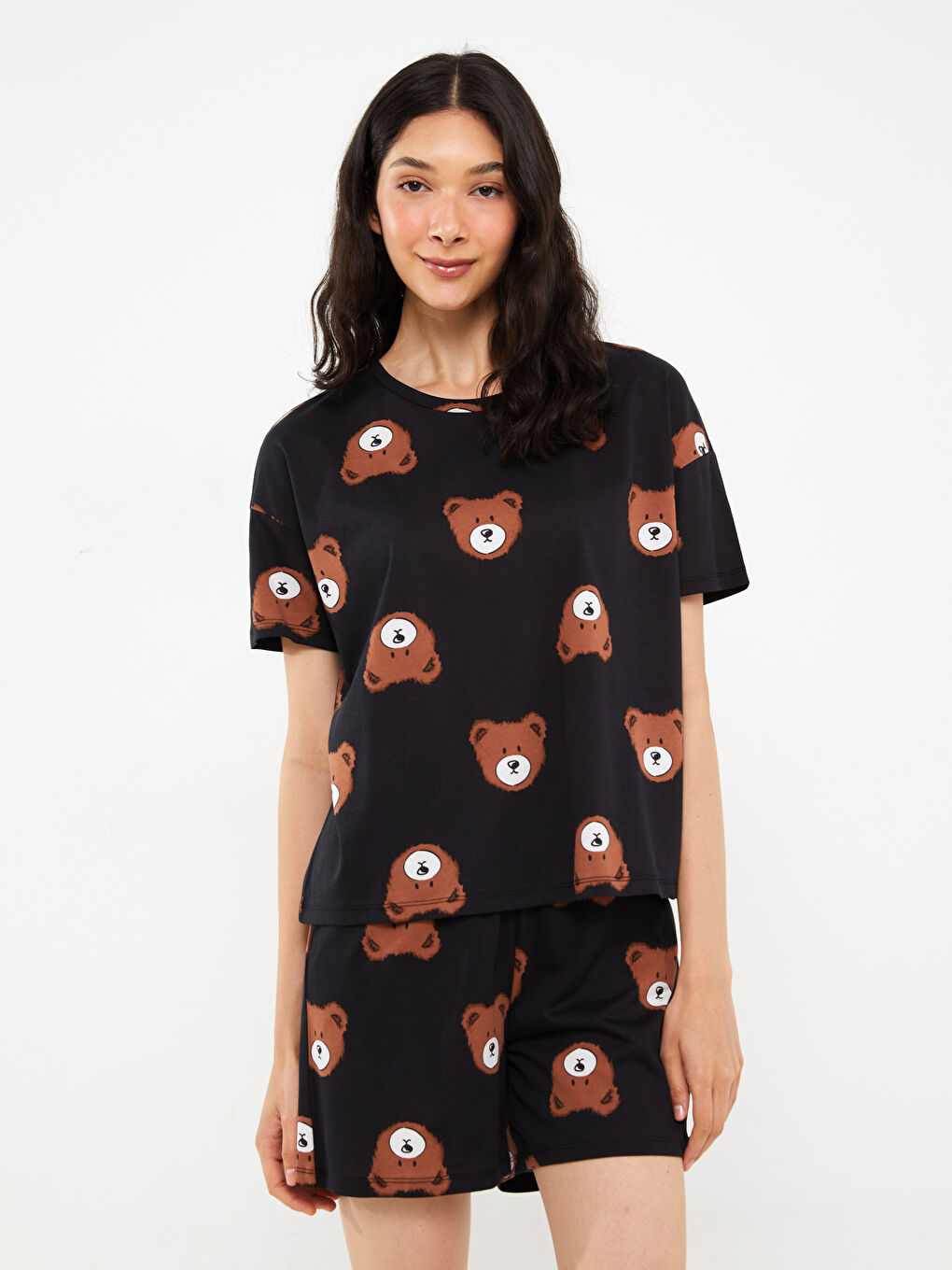 Crew Neck Printed Short Sleeve Women's Short Pajamas Set -S3KD87Z8-LQJ