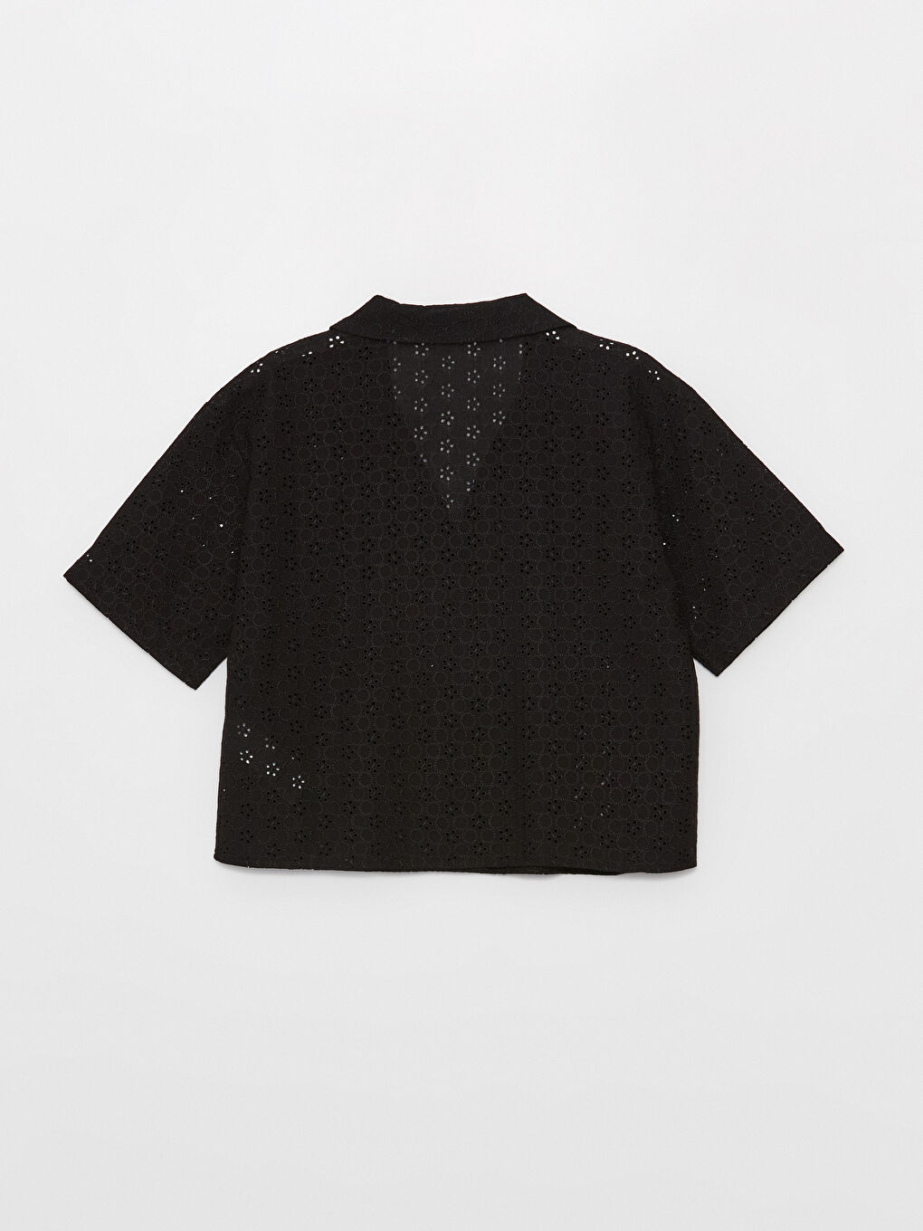 Siyah Kendinden Desenli Kısa Kollu Crop Brode Kadın Gömlek-6