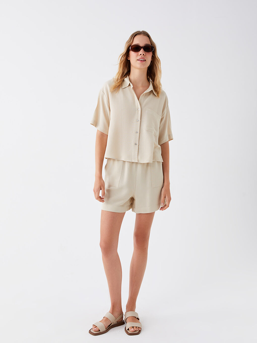 Standard Fit Plain Linen Blend Women's Shorts -S3KD94Z8-VHM