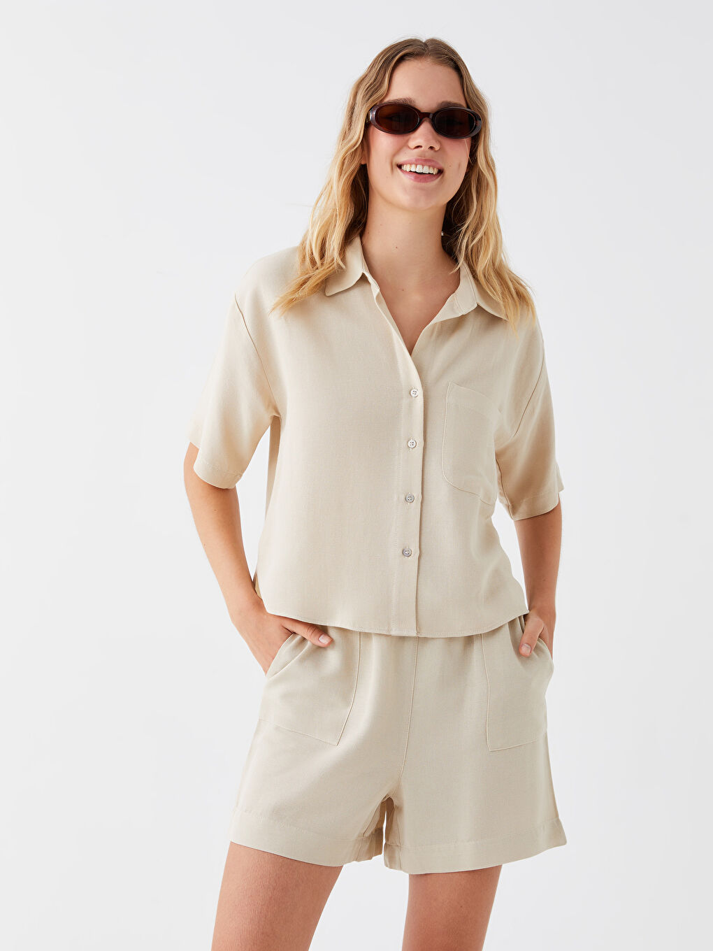 Standard Fit Plain Linen Blend Women's Shorts -S3KD94Z8-VHM