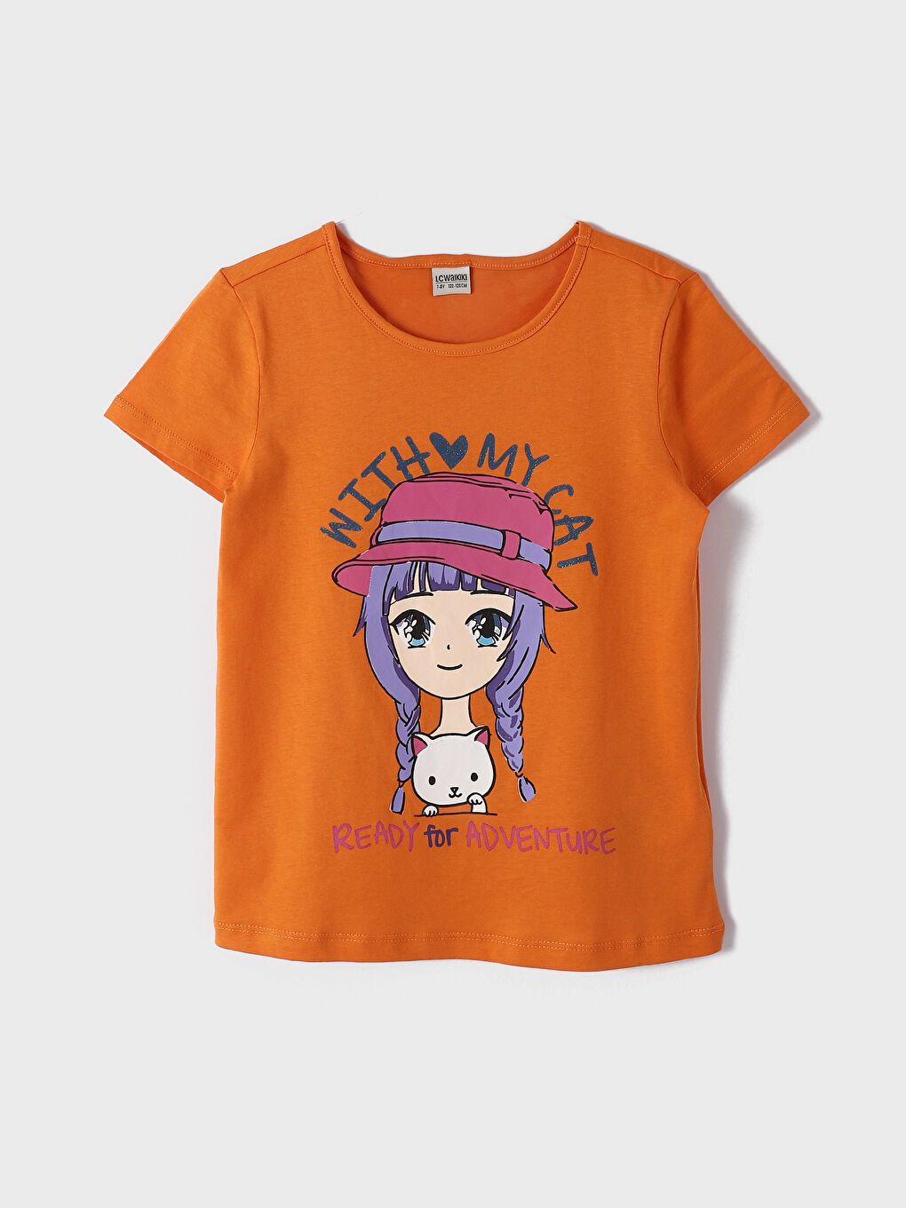 تيشيرت للبنات بياقة دائرية مطبوع كم قصير