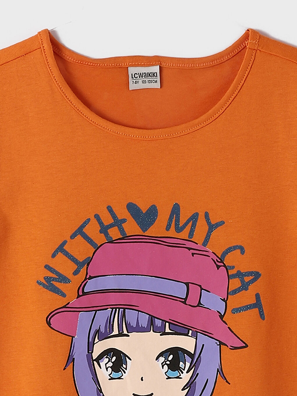 تيشيرت للبنات بياقة دائرية مطبوع كم قصير-2