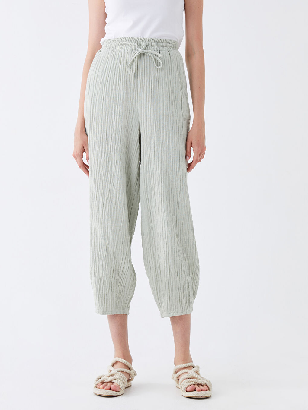 Yeşil Beli Lastikli Havuç Kesim Kadın Pantolon-2