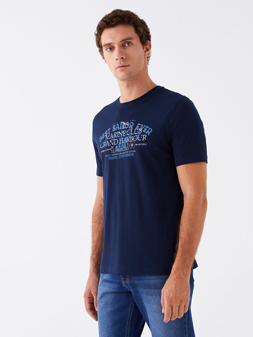 Lacivert Bisiklet Yaka Kısa Kollu Baskılı Penye Erkek Tişört