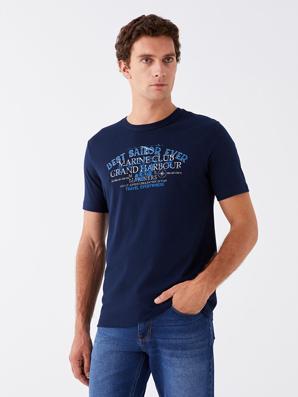 Lacivert Bisiklet Yaka Kısa Kollu Baskılı Penye Erkek Tişört-1