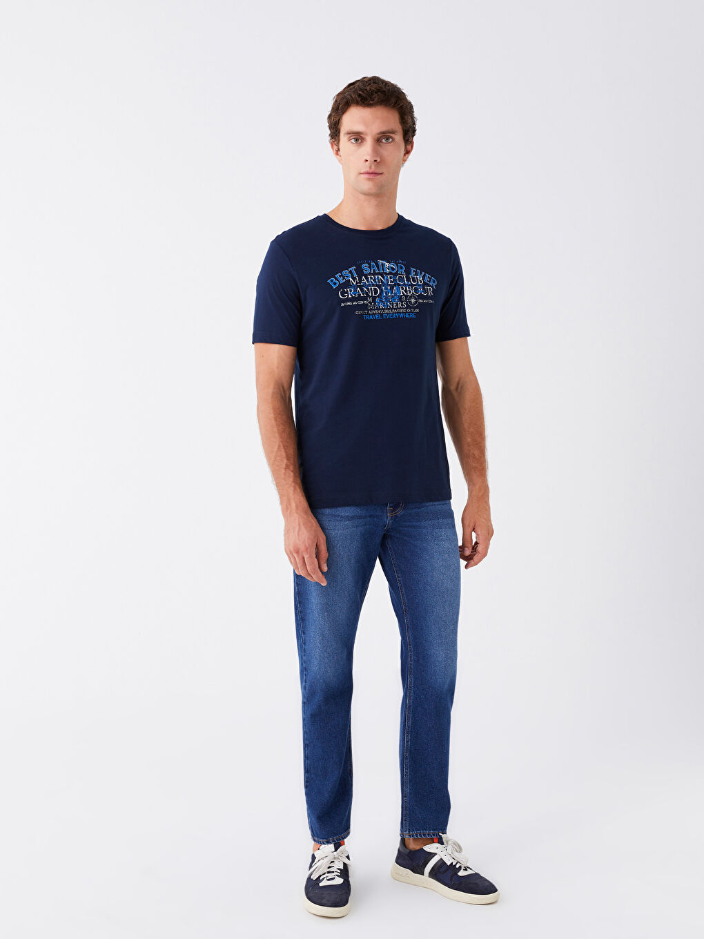 Lacivert Bisiklet Yaka Kısa Kollu Baskılı Penye Erkek Tişört-2