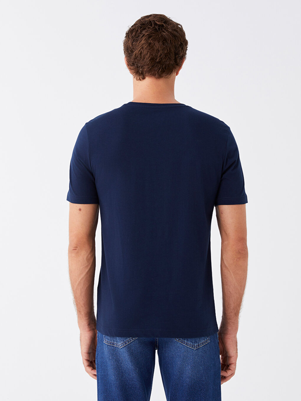 Lacivert Bisiklet Yaka Kısa Kollu Baskılı Penye Erkek Tişört-4