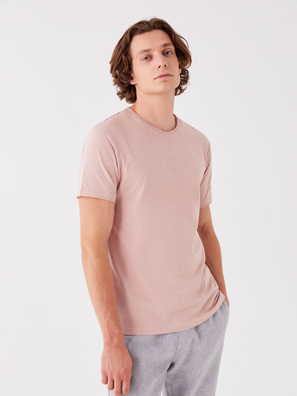 Pembe Bisiklet Yaka Penye Erkek Tişört