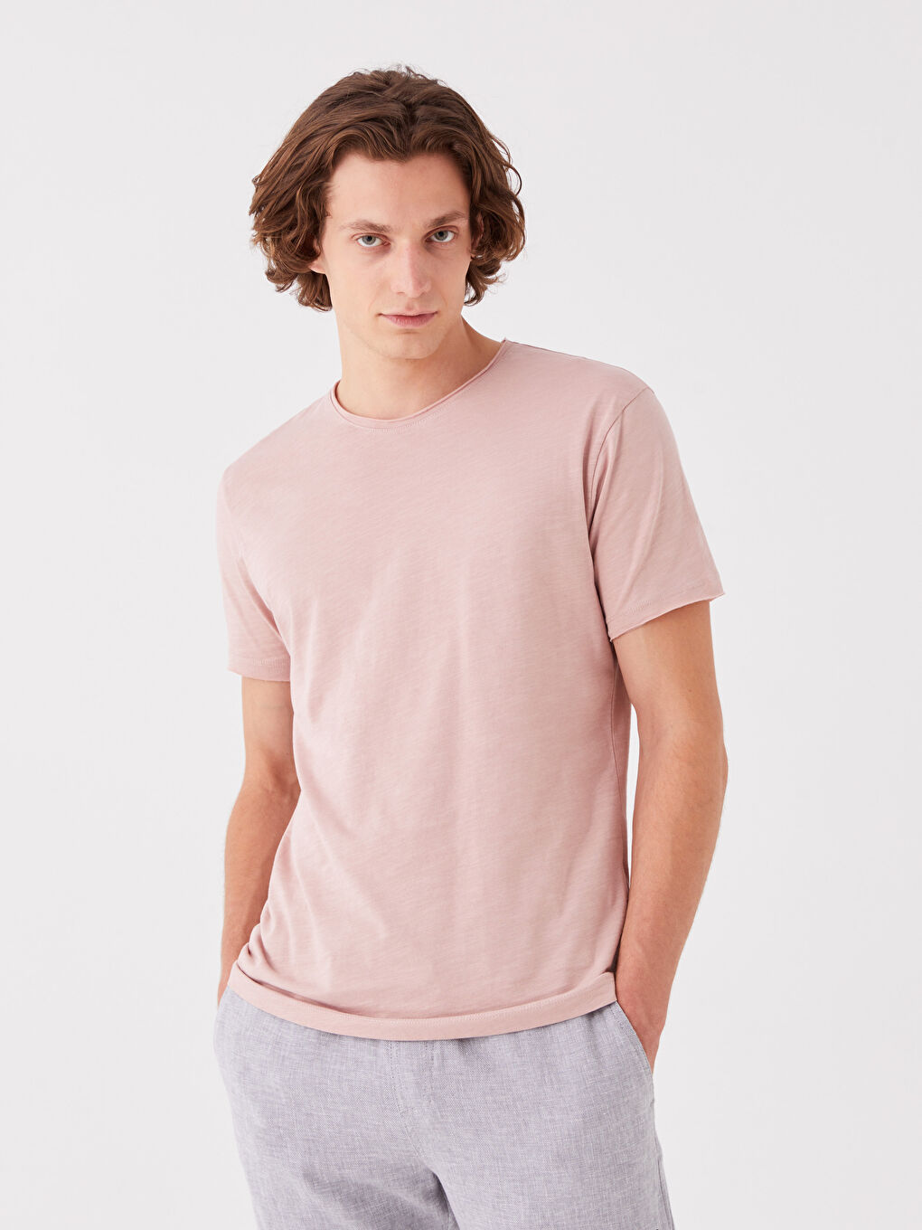 Pembe Bisiklet Yaka Penye Erkek Tişört-1