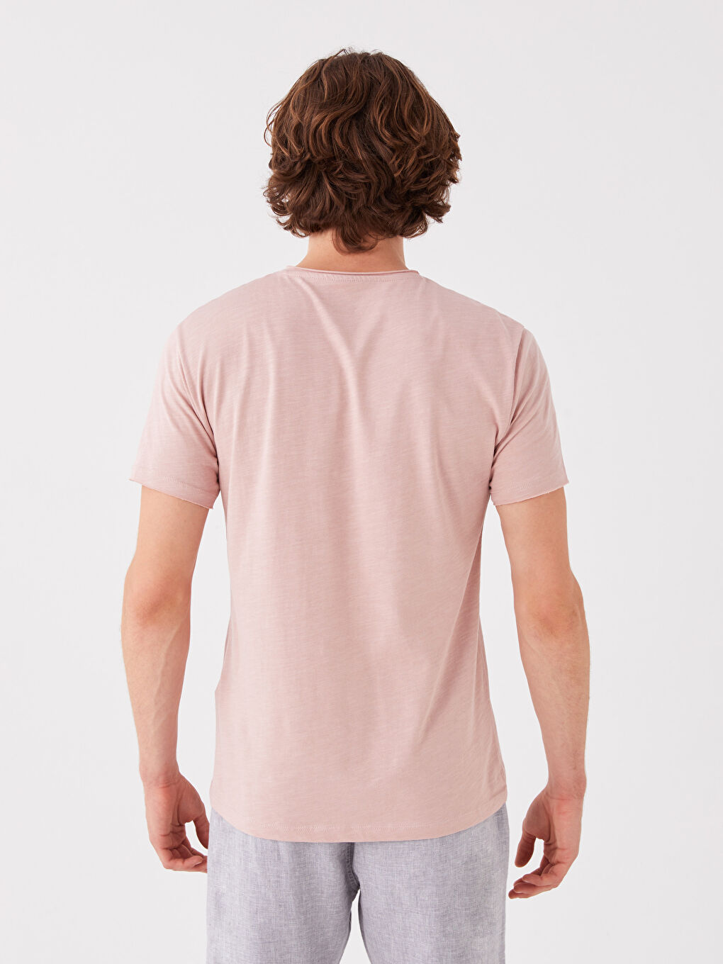 Pembe Bisiklet Yaka Penye Erkek Tişört-4