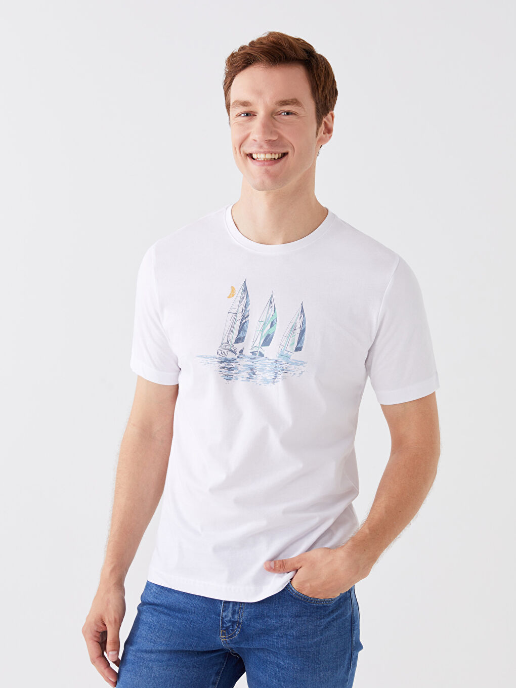 Beyaz Bisiklet Yaka Kısa Kollu Baskılı Penye Erkek Tişört