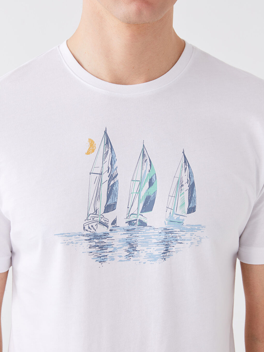 Beyaz Bisiklet Yaka Kısa Kollu Baskılı Penye Erkek Tişört-3