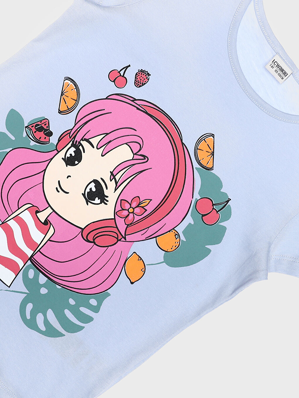 تيشيرت للبنات بياقة دائرية مطبوع كم قصير-2