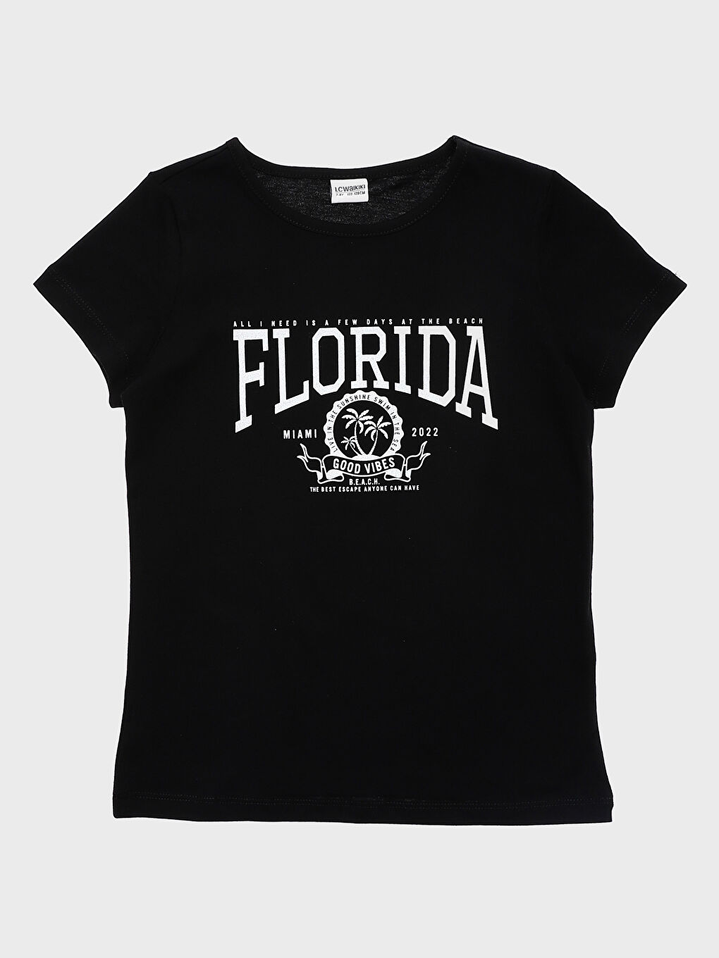 تيشيرت للبنات بياقة دائرية مطبوع كم قصير