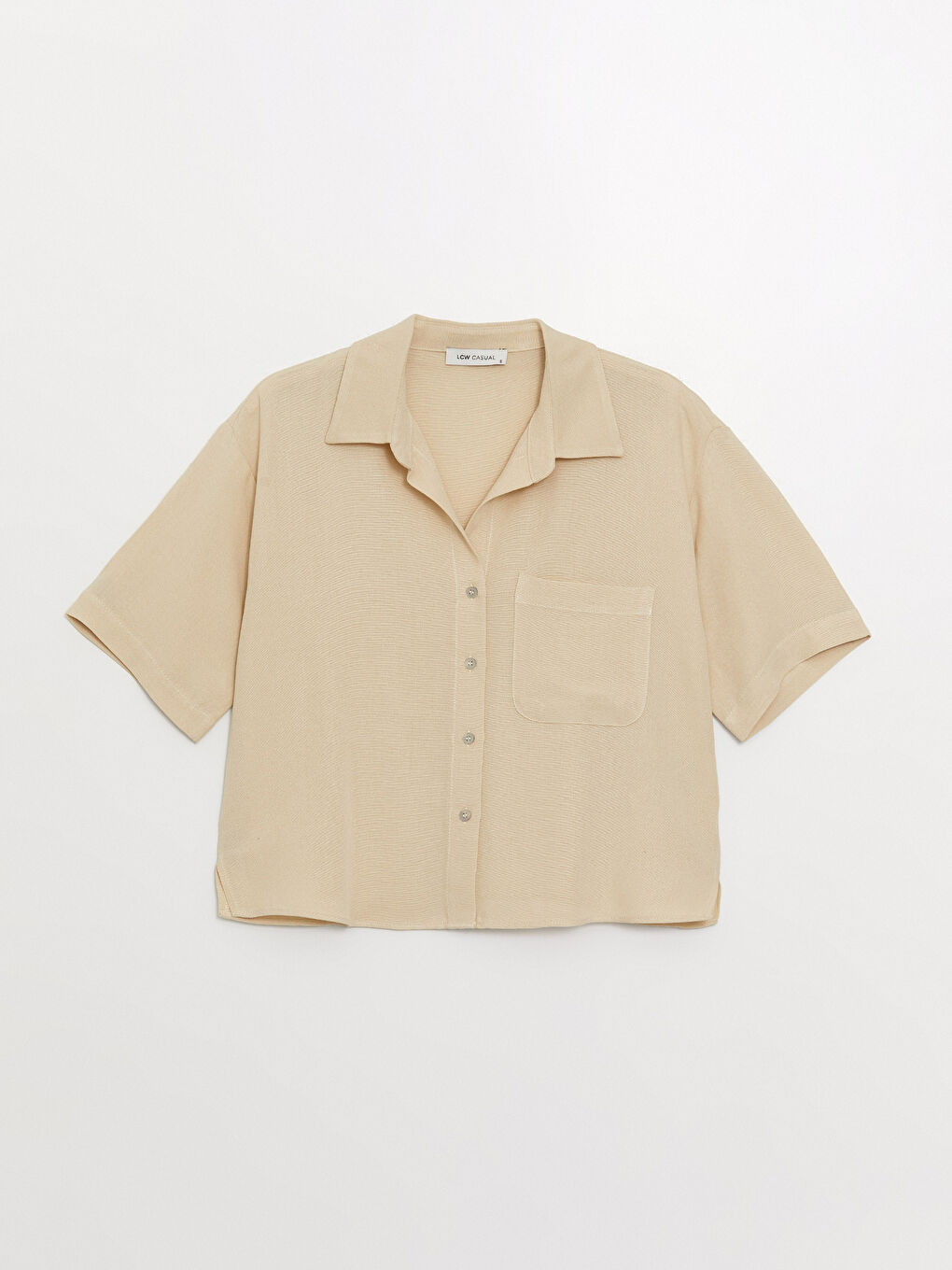 Bej Düz Kısa Kollu Poplin Kadın Gömlek-5