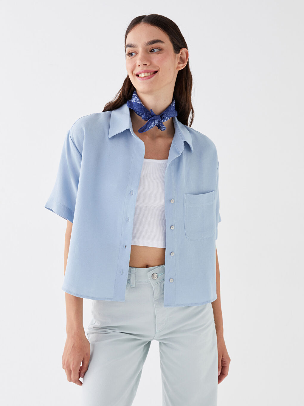 Mavi Düz Kısa Kollu Poplin Kadın Gömlek