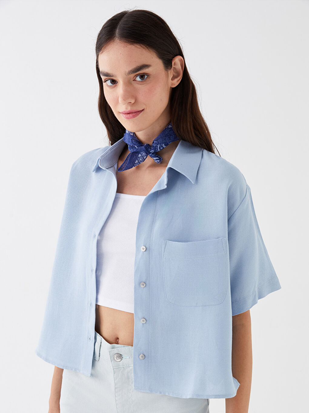Mavi Düz Kısa Kollu Poplin Kadın Gömlek-1