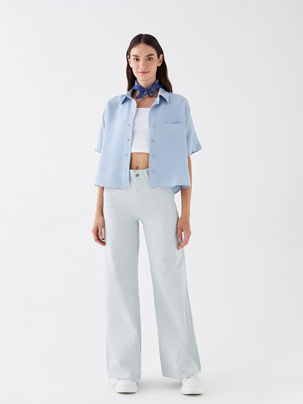 Mavi Düz Kısa Kollu Poplin Kadın Gömlek-2